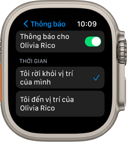 Màn hình Thông báo trong ứng dụng Tìm người. “When I leave my location” được chọn.