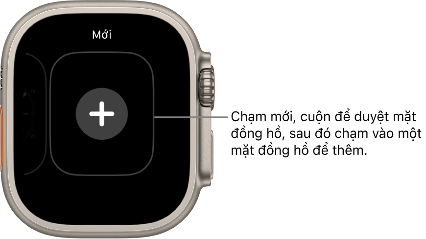 Màn hình mặt đồng hồ mới, với nút cộng ở giữa. Chạm để thêm mặt đồng hồ mới.