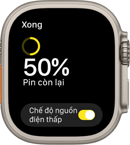 Màn hình Chế độ nguồn điện thấp hiển thị một vòng tròn có một phần màu vàng cho biết mức điện tích còn lại, các từ Còn lại 50% pin và nút Chế độ nguồn điện thấp ở dưới cùng.