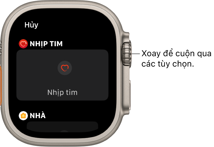 Màn hình tùy chỉnh cho mặt đồng hồ với tổ hợp Nhịp tim được tô sáng. Xoay Digital Crown để duyệt các tổ hợp.