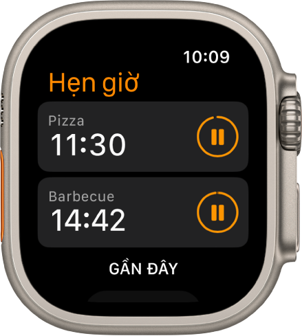 Hai mục hẹn giờ trong ứng dụng Hẹn giờ. Một mục hẹn giờ có tên là “Pizza” ở gần trên cùng. Bên dưới là một mục hẹn giờ có tên là “Barbecue”. Mỗi mục hẹn giờ hiển thị thời gian còn lại bên dưới tên của mục hẹn giờ và một nút tạm dừng ở bên phải. Nút Gần đây ở cuối màn hình.