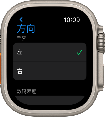 Apple Watch 上的“方向”屏幕。你可以设置佩戴手腕和数码表冠的偏好设置。