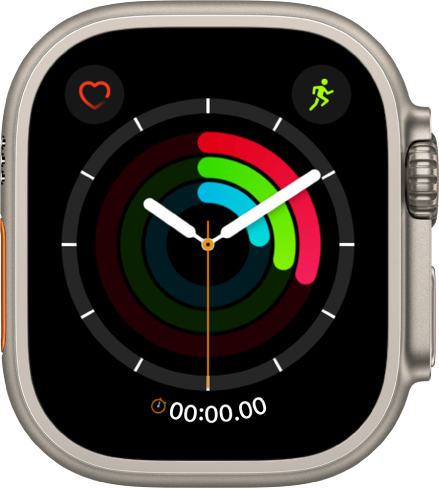 「健身記錄指針」錶面顯示時間以及「活動」、「運動」及「站立」目標進度。另外還有三個複雜功能：左上方是「心率」，「體能訓練」位於右上方，「秒錶」位於底部。