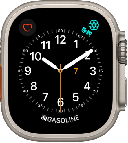 「實用」錶面，你可以調整秒針的顏色並調整錶盤的數字及刻度。共顯示三個複雜功能：左上方是「心率」，「靜觀」位於右上方，「音樂」位於底部。