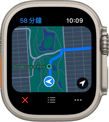 「地圖」App 顯示旅程的概覽地圖。底部為「結束」、「列表」和「更多」按鈕。