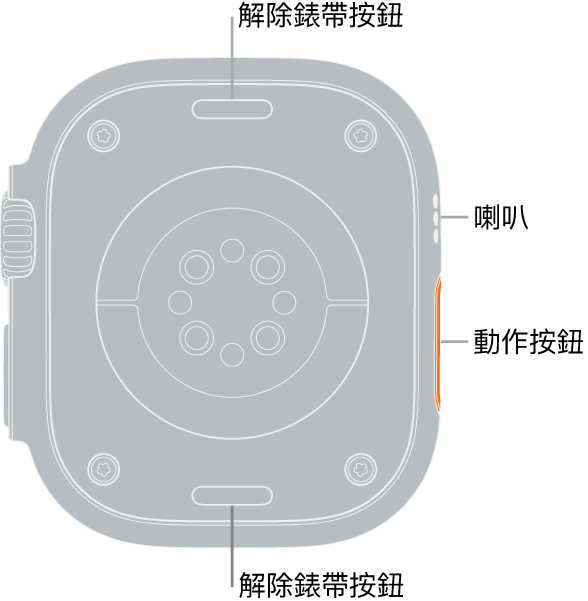 Apple Watch Ultra 的背面，在頂部和底部的解除錶帶按鈕，中間的電子心率感測器、光學心率感測器和血氧感測器，以及側邊的喇叭/通氣孔。