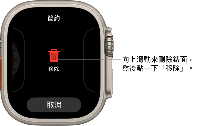 Apple Watch 畫面顯示「移除」和「取消」按鈕，會在你滑動至錶面時顯示，然後向上滑動來刪除。