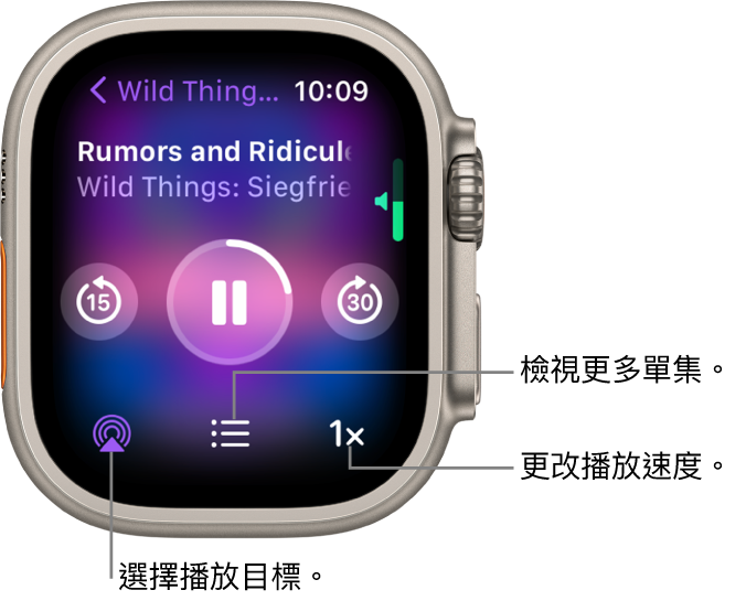 Podcast 的「播放中」畫面顯示節目名稱、單集標題、日期、跳到 15 秒前的上一段按鈕、暫停按鈕、跳到 30 秒後的下一段按鈕、AirPlay 按鈕、單集按鈕和播放速度按鈕。