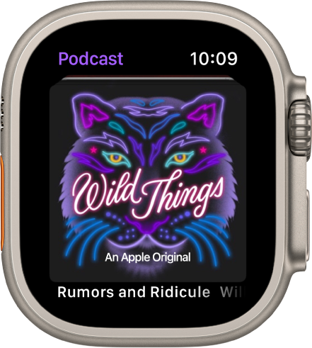 Apple Watch 上的 Podcast App 顯示 Podcast 插圖。點一下插圖來播放單集。