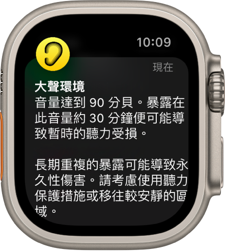 Apple Watch 顯示「噪音」通知。與通知相關聯的 App 圖像會顯示在左上角。你可以點一下圖像來打開 App。