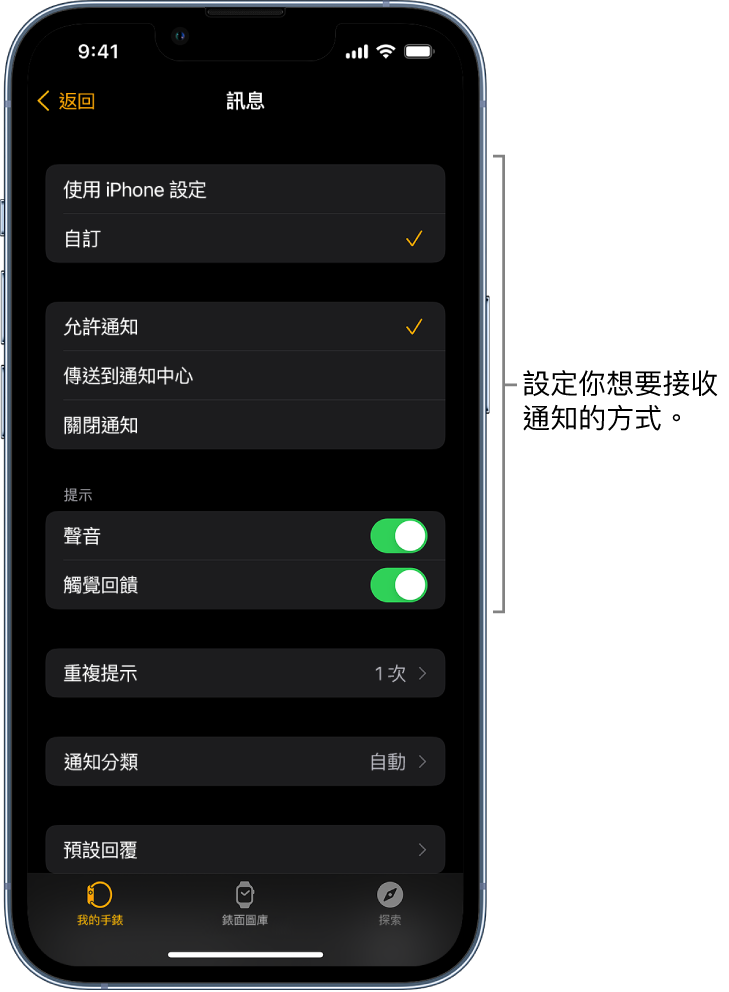 iPhone 上 Apple Watch App 中的「訊息」設定。你可以選擇是否要顯示提示、開啟聲音、開啟觸覺回饋，以及重複提示。