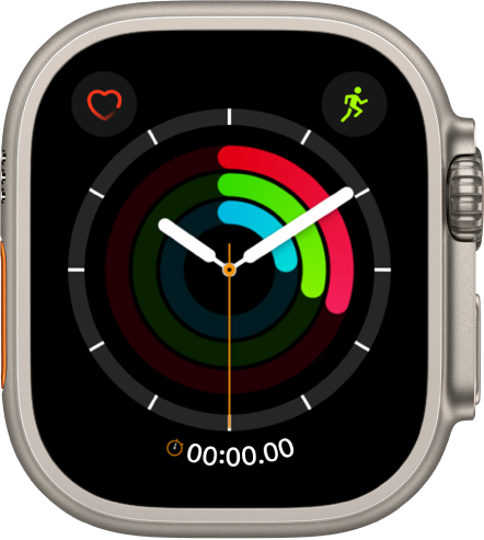 「活動記錄指針」錶面，顯示時間以及「活動」、「運動」和「站立」目標進度。另外還有三種複雜功能：左上角為「心率」，右上角為「體能訓練」，底部為「碼錶」。