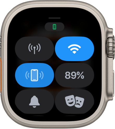 「控制中心」顯示六個按鈕：「行動網路」、Wi-Fi、「呼叫 iPhone」、「電池」、「靜音模式」以及「劇院模式」。Wi-Fi 和「呼叫 iPhone」按鈕被反白顯示。
