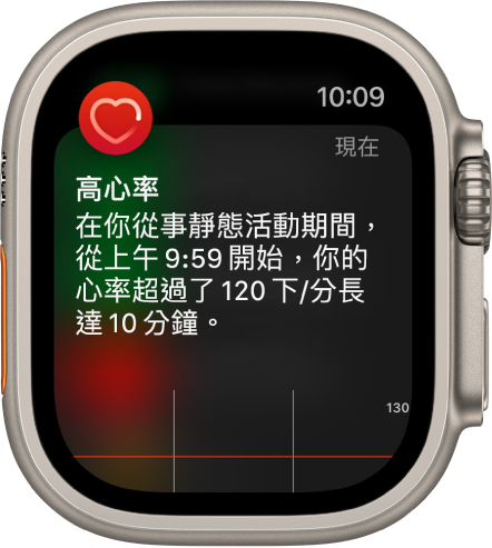 「高心率」畫面顯示當你在 10 分鐘內處於非活動狀態時，你心率超過 120 BPM 的通知。