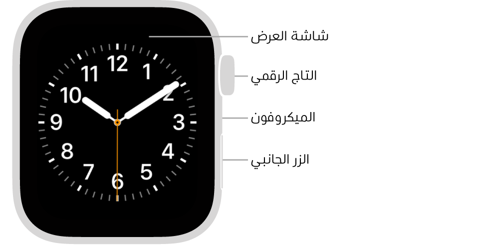 الجزء الأمامي من Apple Watch (الجيل الثاني) وتظهر به شاشة العرض التي تعرض واجهة الساعة والتاج الرقمي والميكروفون والزر الجانبي من أعلى إلى أسفل على جانب الساعة.