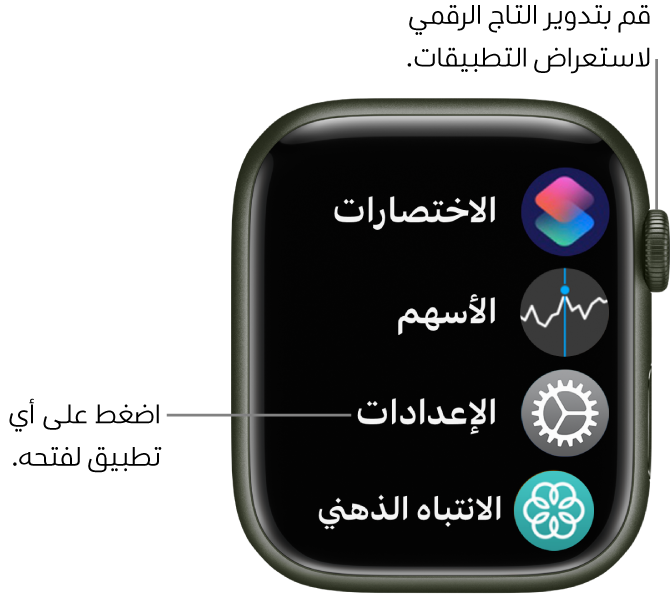 الشاشة الرئيسية في عرض القائمة في Apple Watch، حيث تبدو التطبيقات في قائمة. اضغط على تطبيق لفتحه. مرر لرؤية مزيد من التطبيقات.