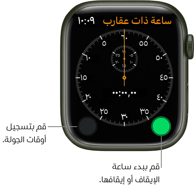 شاشة ساعة إيقاف بعقارب. اضغط على الزر الأيمن للبدء أو الإيقاف، واضغط على الزر الأيسر لتسجيل أوقات الجولات.