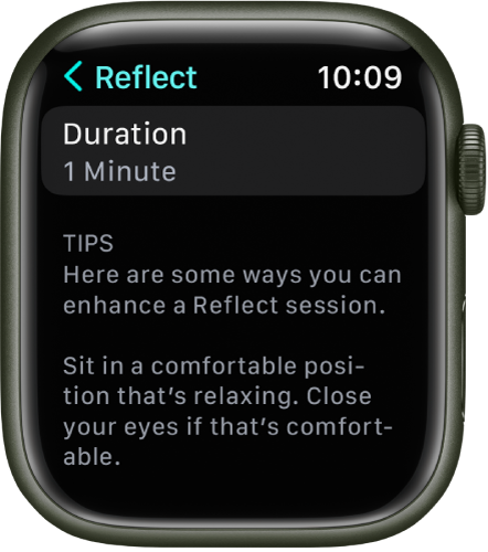 Екранът на приложението Mindfulness (Осъзнатост) показва времетраене от една минута в горната част. Отдолу са съвети за подобряване на сесия Reflect (Размишление).