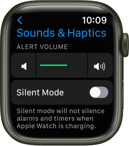 Настройките за звуци и осезания на Apple Watch с плъзгача за сила на звука на предупрежденията в горната част и превключвателят за тих режим под него.