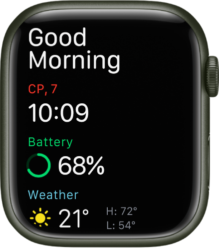 Apple Watch, показващ екрана за събуждане. В горния край се появяват думите Good Morning (Добро утро). Датата, часа, процента заряд на батерията и прогнозата за времето са отдолу.
