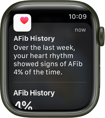 Известие за AFib History (История на AFib), което показва, че е имало признаци на AFib (Предсърдно мъждене) през 4 процента от времето в изминалата една седмица.