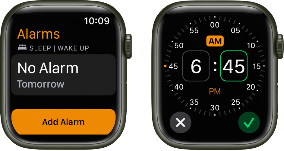 Два екрана на часовник, показващи процеса на добавяне на аларма. Докоснете Add Alarm (Добави аларма), докоснете AM или PM, завъртете коронката Digital Crown, за да настроите часа, след това докоснете бутона за проверка.