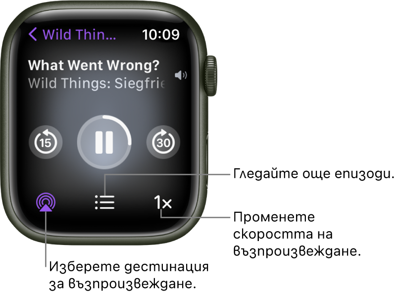 Екран Now Playing (Сега се изпълнява) на Podcasts (Подкасти), показващ заглавието на програмата, заглавието на епизода, датата, бутона за преминаване назад с 15 секунди, бутона пауза, бутона за преминаване напред с 30 секунди, бутона AirPlay, бутона за епизодите и бутона за скорост на възпроизвеждане.