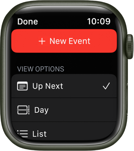 Екран от Calendar (Календар), който показва бутон New Event (Ново събитие) в горната част и три опции за изглед отдолу—Up Next (Следващ), Day (Ден) и List (Списък).