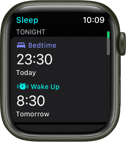 Приложението Sleep (Сън) на Apple Watch, показващо графика за сън за вечерта. Време за сън се появява в горния край, а Време за събуждане се появява отдолу.