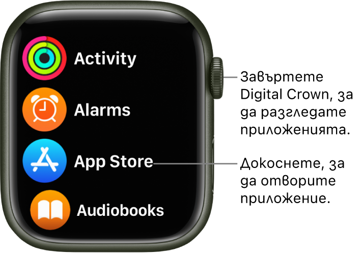 Начален екран на Apple Watch с изглед в списък, с приложения в списък. Докоснете приложение, за да го отворите. Прелистете, за да видите повече приложения.