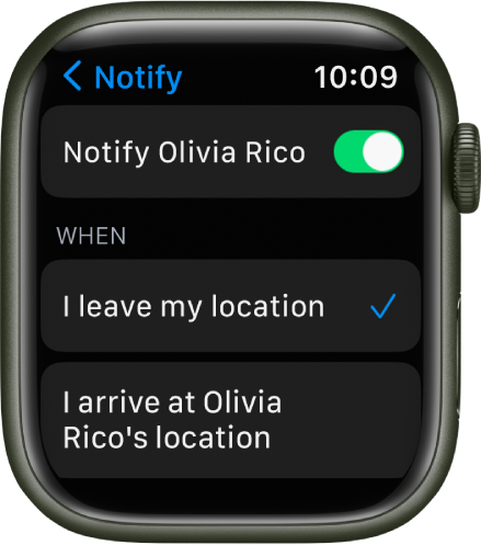 Екранът Notify (Известяване) в приложението Find People (Намери хора). Избрано е „When I leave my location“ („Когато напусна моето местоположение“).