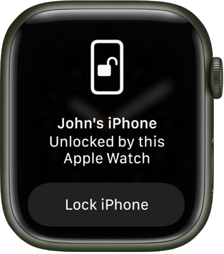 Екранът на Apple Watch показващ думите „John’s iPhone Unlocked by this Apple Watch“. Бутонът за заключване на iPhone е отдолу.