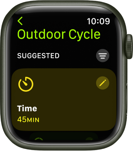 Приложението Workout (Тренировка), което показва екран за редактиране на тренировка Outdoor Cycling (Колоездене на открито). Плочката Time (Време) е в центъра с бутон Edit (Редактиране) в горната дясна част на плочката. Текущото време е настроено на 45 минути.