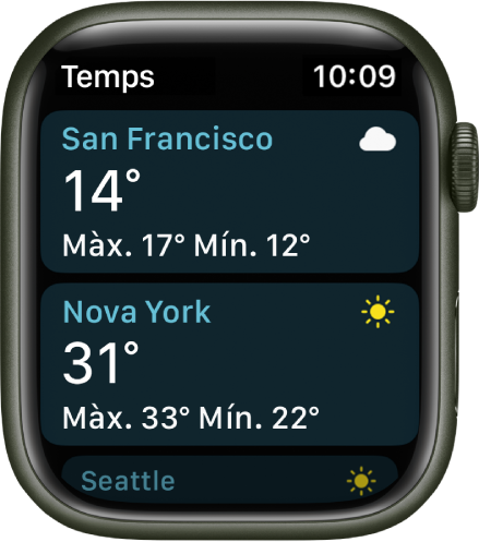 L’app Temps amb informació meteorològica de dues ciutats d’una llista.