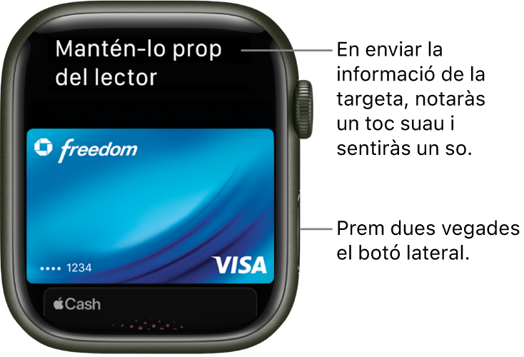 Pantalla de l’Apple Pay amb “Mantén-lo prop del lector” a la part superior; notaràs una vibració suau i sentiràs un so quan s’hagi enviat la informació de la targeta.