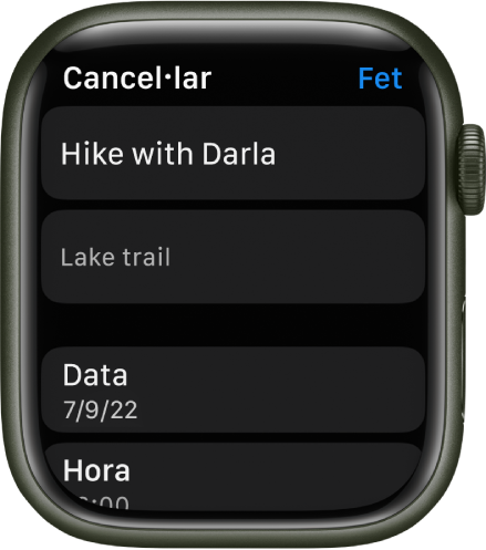 Pantalla d’edició de l’app Recordatoris a l’Apple Watch. El nom del recordatori apareix a la part superior amb una descripció a sota. A la part inferior hi ha la data i l’hora en què s’ha programat que es mostri el recordatori. El botó Fet és a la part superior dreta.