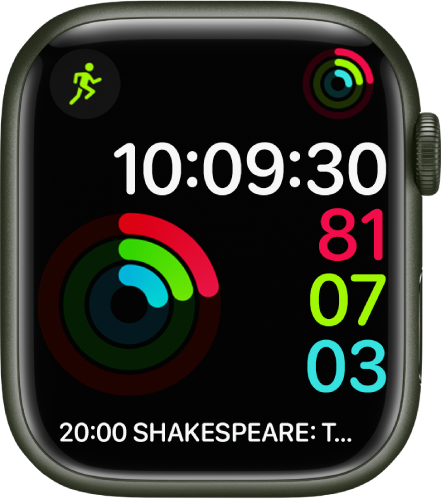 Una esfera Activitat digital que mostra l’hora i el progrés de Moviment, Exercici i Restar dempeus. També hi ha tres complicacions: Entrenament a la part superior esquerra, Activitat a la part superior dreta i la complicació Calendari (Horari) amb un esdeveniment a baix.