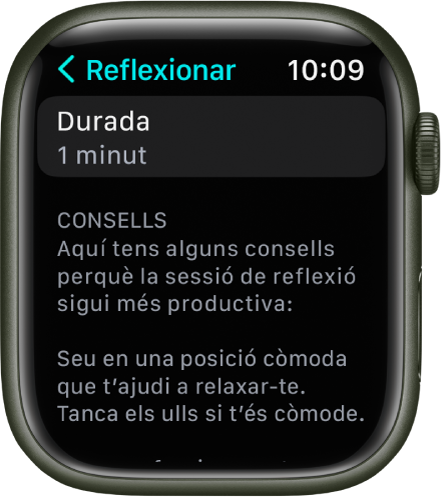 L’app Atenció Plena mostra una durada d’un minut a la part superior. A sota hi ha consells que poden ajudar a millorar una sessió de reflexió.