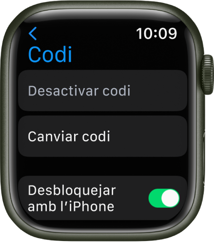 La configuració del codi de l’Apple Watch amb el botó “Desactivar codi” a la part superior. A sota, hi ha el botó “Canviar el codi” i a la part inferior hi ha l’interruptor de l’opció “Desbloquejar amb l’iPhone”.