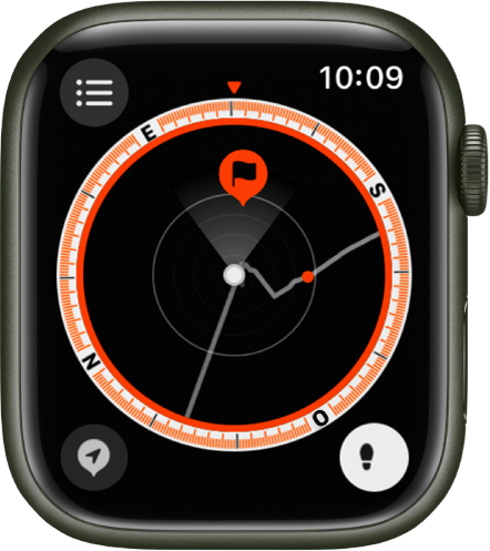 L’app Brúixola que mostra la pantalla de punt de referència amb Retorn actiu. A la pantalla apareixen dos punts de referència. La ruta es mostra com una línia grisa.
