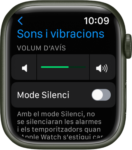 La configuració “Sons i vibracions” a l’Apple Watch, amb el regulador del volum d’avís a la part superior i l’interruptor del mode de silenci a sota.