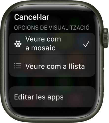 La pantalla “Opcions de visualització” que mostra els botons “Vista en llista” i “Vista de retícula”. A la part inferior de la pantalla hi ha el botó “Editar les apps”.