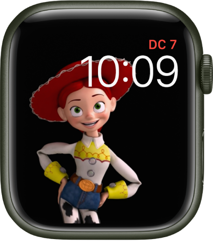 L’esfera Toy Story mostra el dia, la data i l’hora a la part superior dreta i una Jessie animada a la part esquerra de la pantalla.