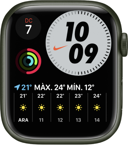 L’esfera Nike Compact que mostra el dia i la data a la part superior esquerra, l’hora a la part superior dreta, la complicació Activitat a la part central esquerra i la complicació Temps, que mostra la temperatura actual.