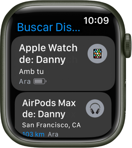 L’app Buscar Dispositius mostra dos dispositius: un Apple Watch i uns AirPods.