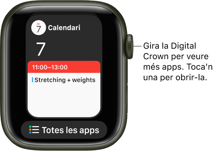 El Dock que mostra l’app Calendari amb el botó “Totes les apps” a sota. Gira la Digital Crown per veure més apps. Toca’n una per obrir-la.