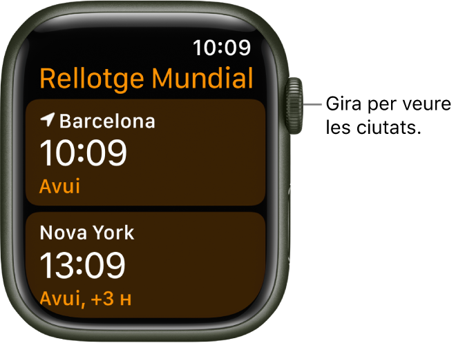 L’app Rellotge Mundial amb la llista de ciutats i la barra de desplaçament.