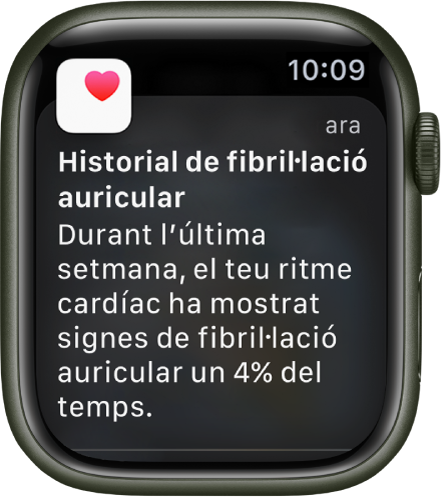 Una notificació de l’historial de fibril·lació auricular a l’Apple Watch.