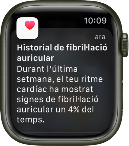 Notificació de l’historial de fibril·lació auricular que indica que hi ha hagut indicis de fibril·lació auricular el 4% del temps durant la setmana passada.