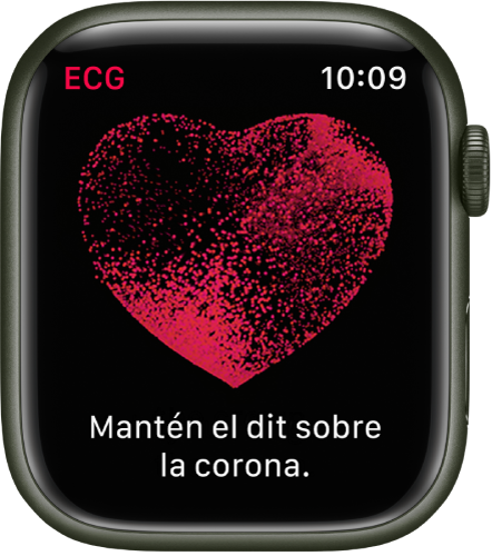 L’app ECG mostra la imatge d’un cor amb les paraules “Mantén el dit sobre la corona”.
